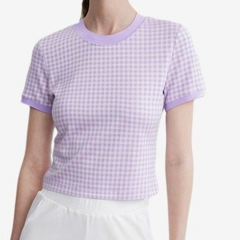 URBAN REVIVO Purple Lavender White Checked Cropped Short Sleeve Top Sz S‎